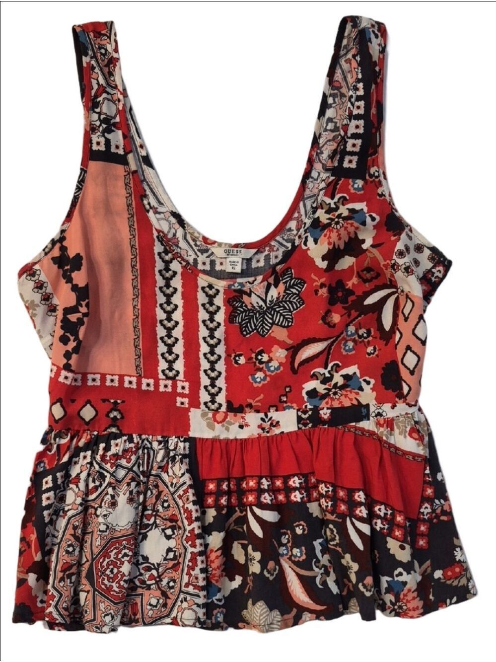 Guess Red Multi Floral Patchwork Peplum Tank